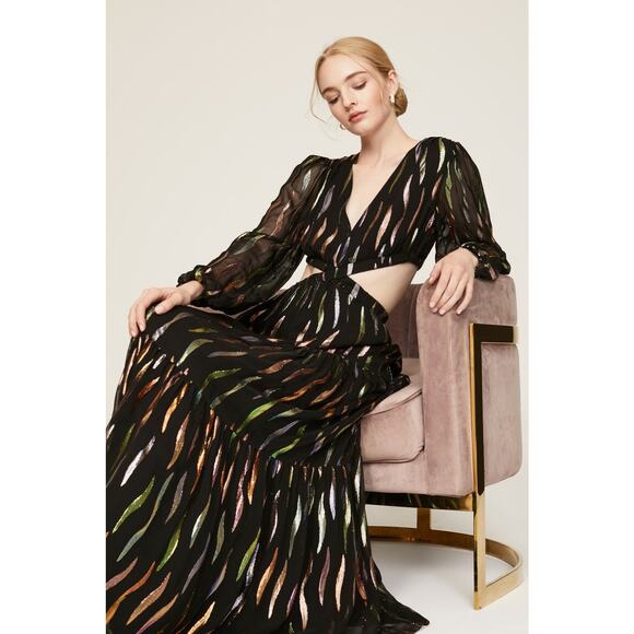 SHOSHANNA Black Georgette Metallic Ribbon Waist Cinching Cutout Randi Dress 14 - Picture 12 of 15